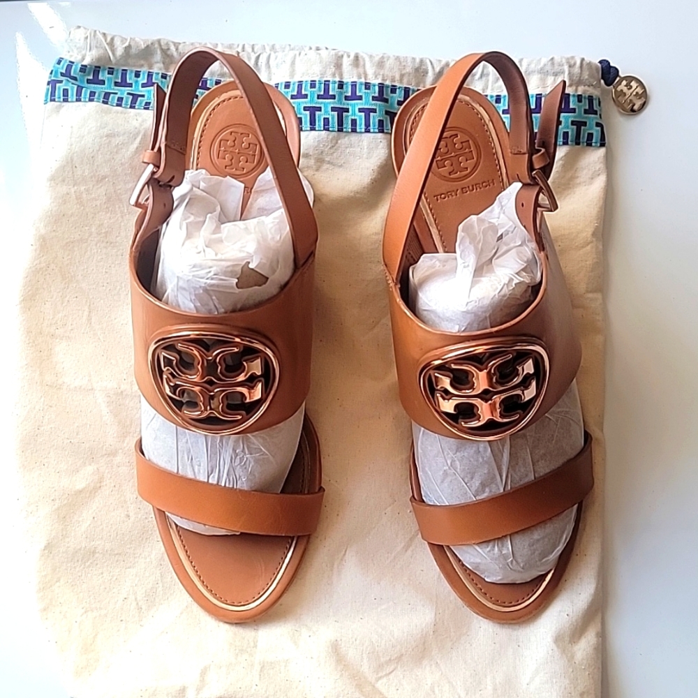 Tory Burch Miller Gold Metal 65mm Wedge Sandal Tan Rose Brown Size 8.5 medium